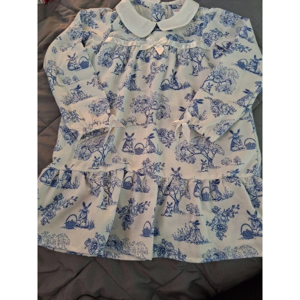 Gymboree Girls XS (4) White/Blue Bunny Toile Shirt Dress Collared Long Sleeve